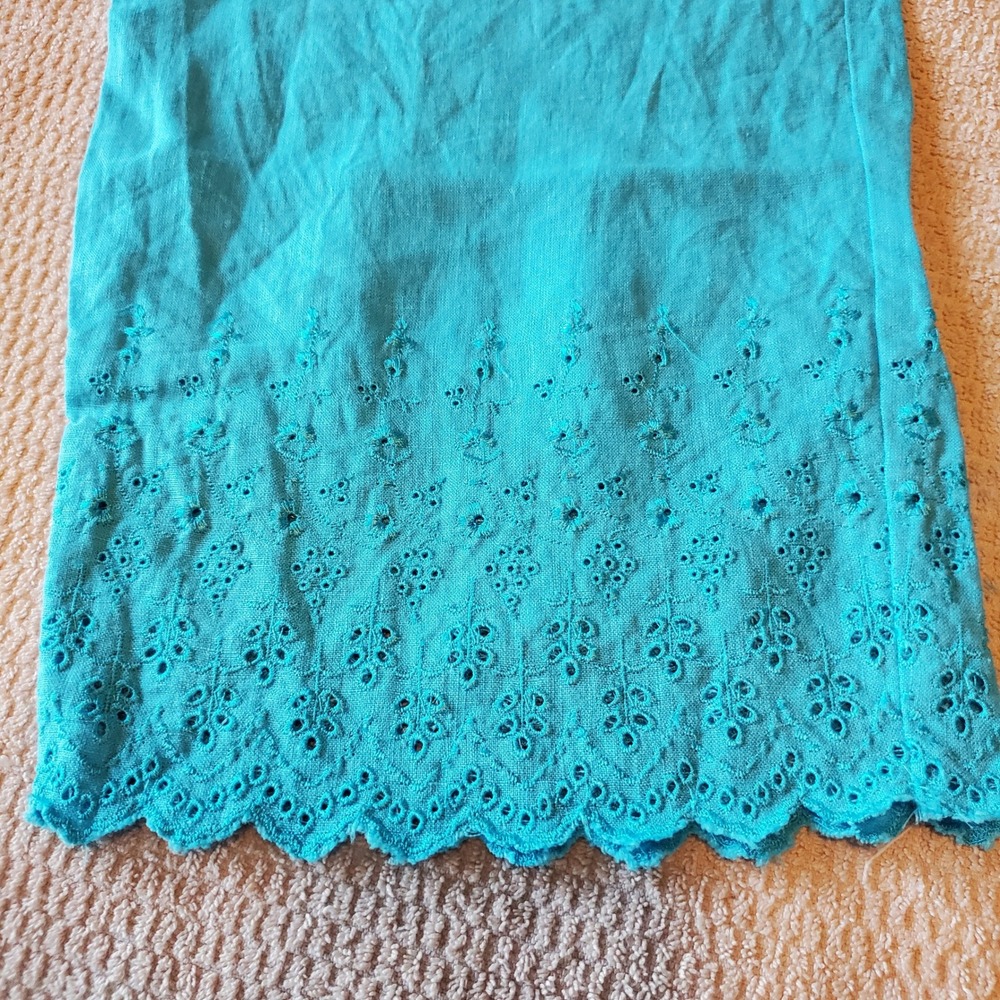 Allison Taylor Turquoise blue 100% Linen Eyelet Hem Wide Leg Crop Pants L